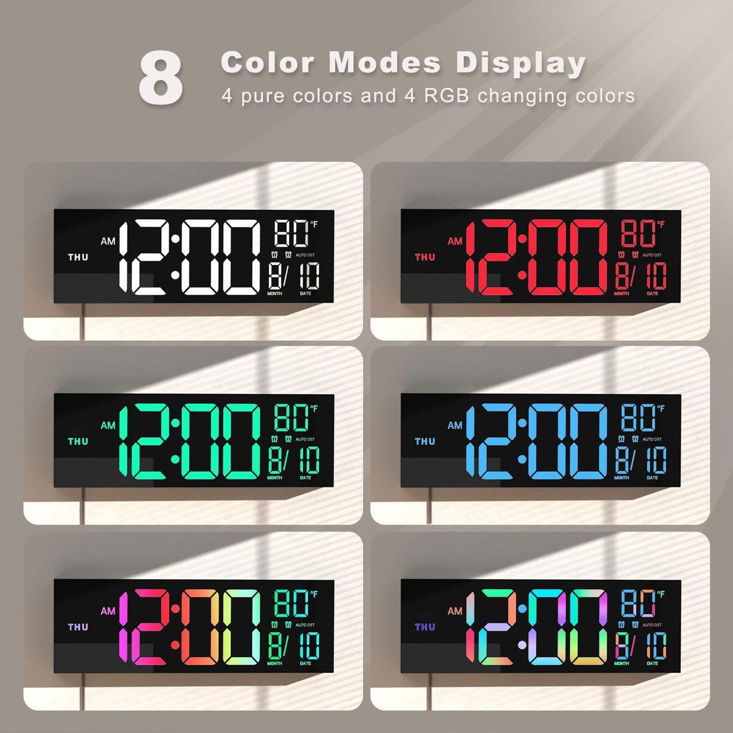 Large LED Digital Clock – Remote-Controlled w/ 8 RGB Colors, Big Display for Home & Office