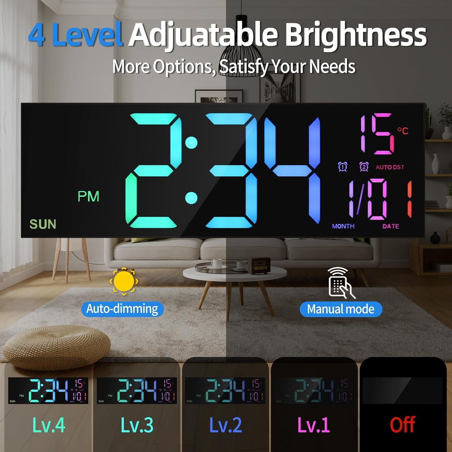 Large LED Digital Clock – Remote-Controlled w/ 8 RGB Colors, Big Display for Home & Office