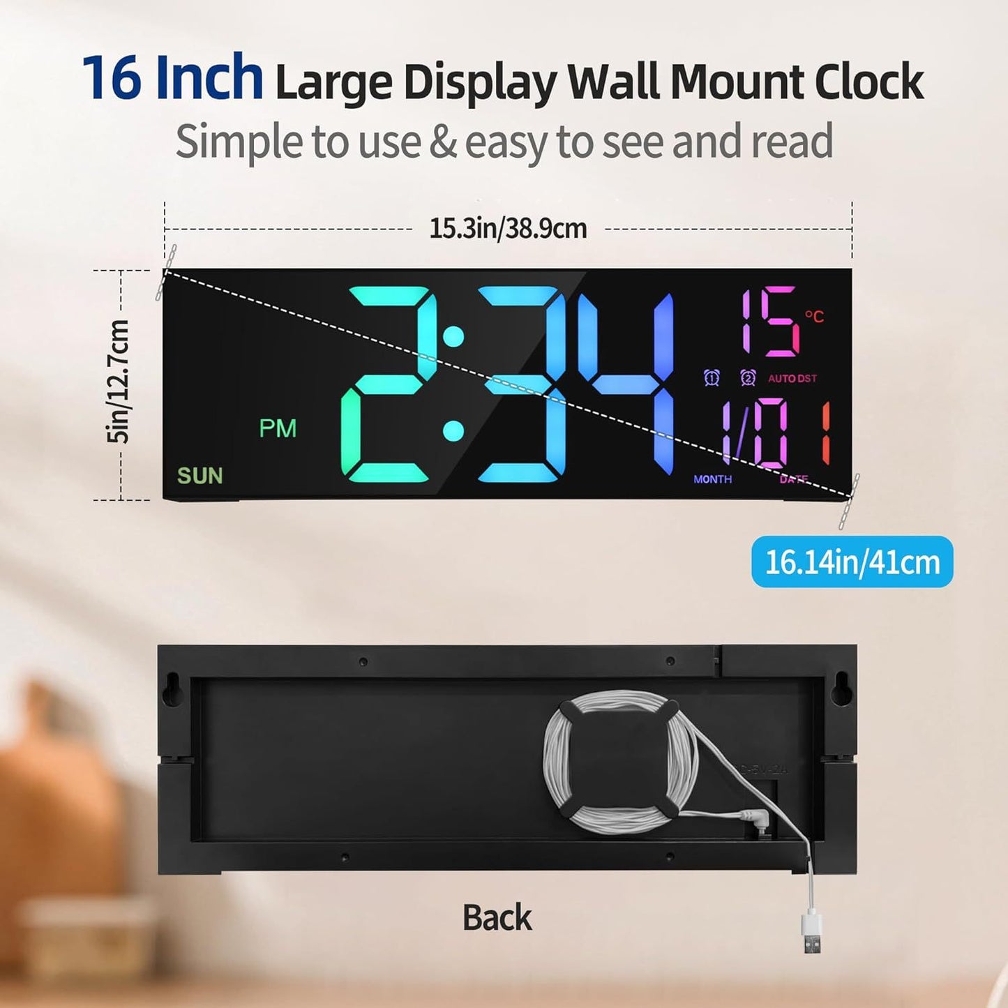 Large LED Digital Clock – Remote-Controlled w/ 8 RGB Colors, Big Display for Home & Office